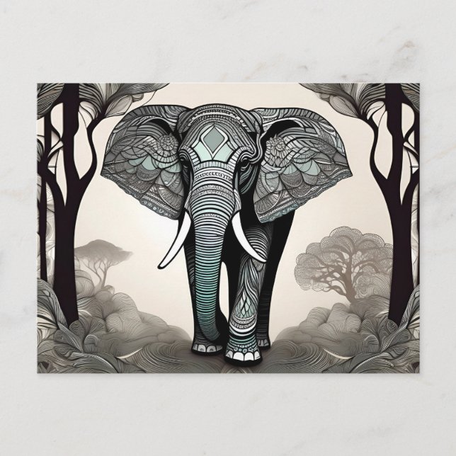 Cartão Postal Elefante Majestoso com Padrões Tribais Ornamentado (Frente)