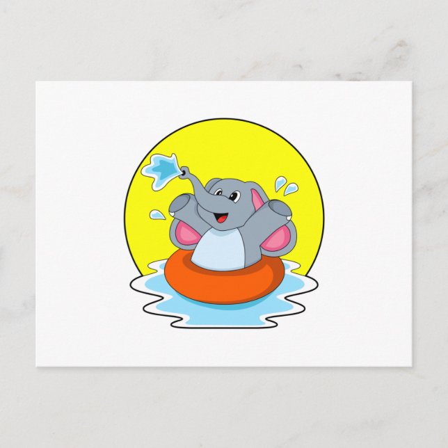 Cartão Postal Elefante na Natação com bóia salva-vidas (Frente)