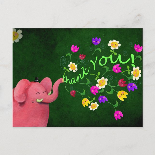 Cartão Postal Elefante Rosa Bonito Obrigado (Frente)