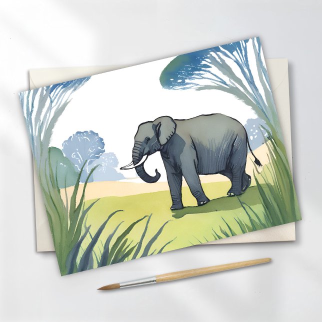 Cartão Postal Elefante Safari | Linda Natureza Aquarela (Criador carregado)