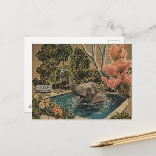 Cartão Postal Elefante Vintage na piscina