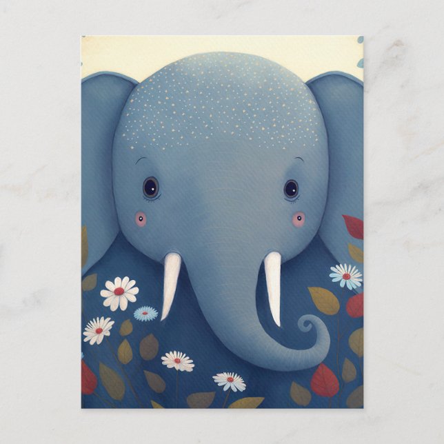 Cartão Postal Elefante Whimsical e Flores (Frente)