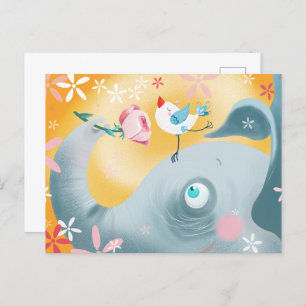 Cartão Postal Elefante Whimsical e Pássaro