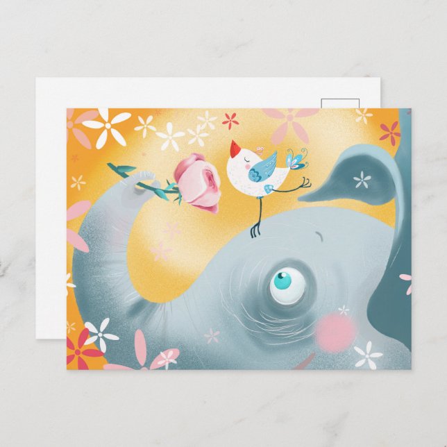 Cartão Postal Elefante Whimsical e Pássaro (Frente/Verso)
