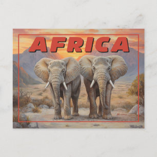 Cartão Postal Elefantes Africanos Vintage - Vida Selvagem Retro