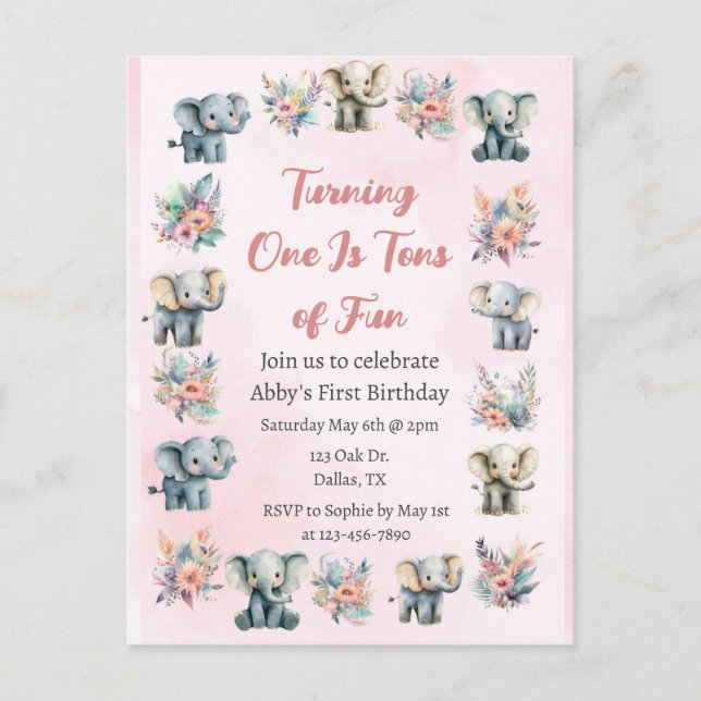 Cartão Postal Elefantes e Flores da Selva de Boho no Aniversário (Frente)