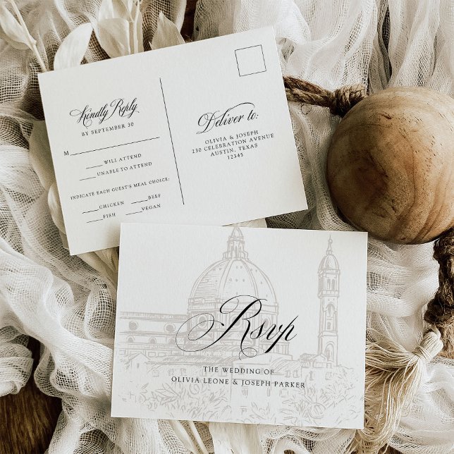 Cartão Postal Elegância Italiana Ilustrada | RSVP de Casamento (Criador carregado)