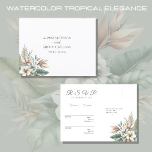 Cartão Postal Elegância Tropical em Aquarela-RSVP-Casamento-