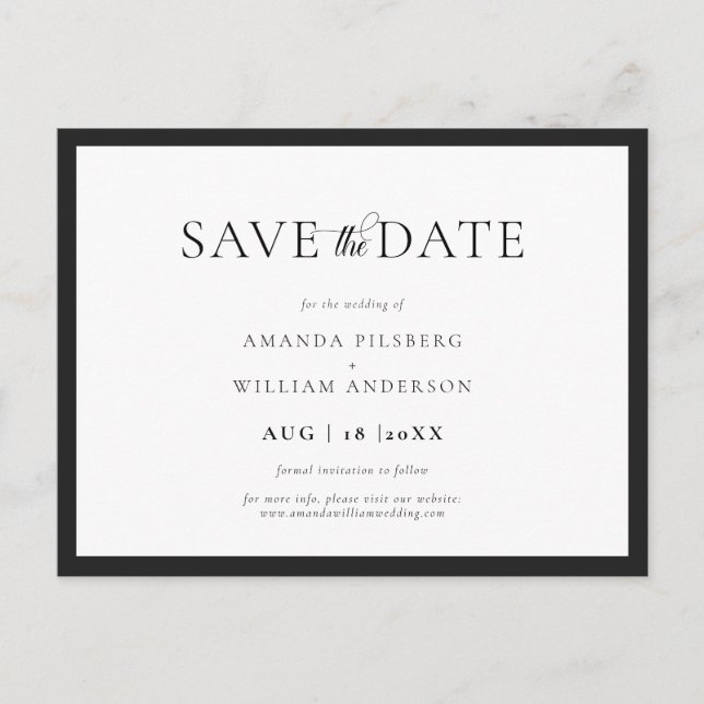 Cartão Postal Elegant and Classic Black & White Save the Date (Frente)