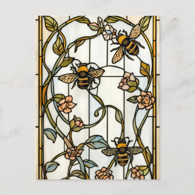 Cartão Postal Elegant art nouveau botanical  bee stain glass (Frente)