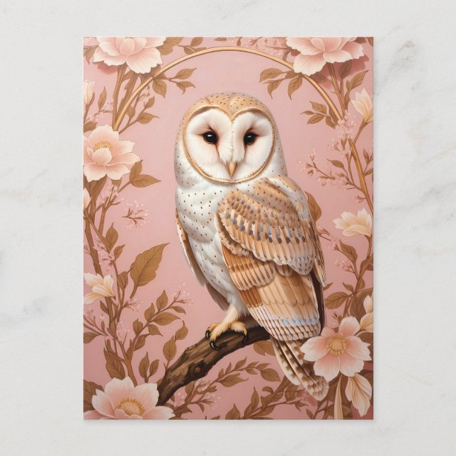 Cartão Postal Elegant Barn Owl Pink and Gold Floral  (Frente)