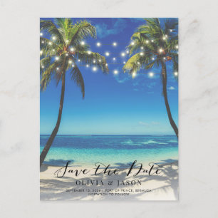 Cartão Postal Elegant Beach String Lights Casamento Salve a Data