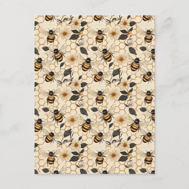 Cartão Postal Elegant Bee and Honeycomb Pattern (Frente)