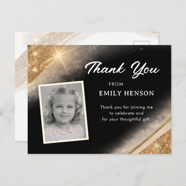 Cartão Postal Elegant Black Gold Glitter Photo Birthday (Frente/Verso)