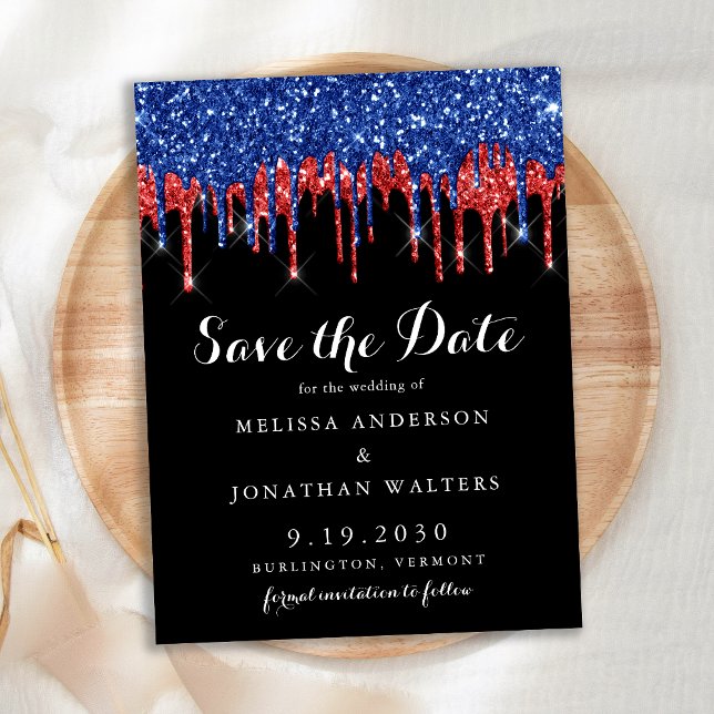 Cartão Postal Elegant Black Red Blue Glitter Drips Save The Date (Criador carregado)