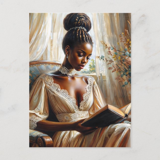 Cartão Postal Elegant Black Woman Reading Vintage Style (Frente)