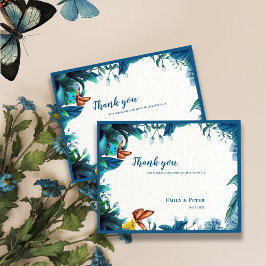 Cartão Postal Elegant Blue Botanical Butterfly Wedding Thank You