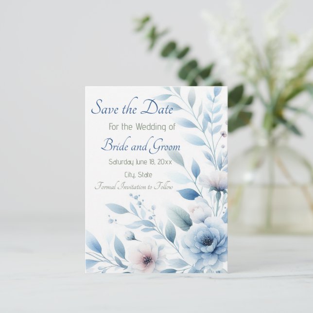 Cartão Postal Elegant Blue Floral Save the Date (Em pé/Frente)