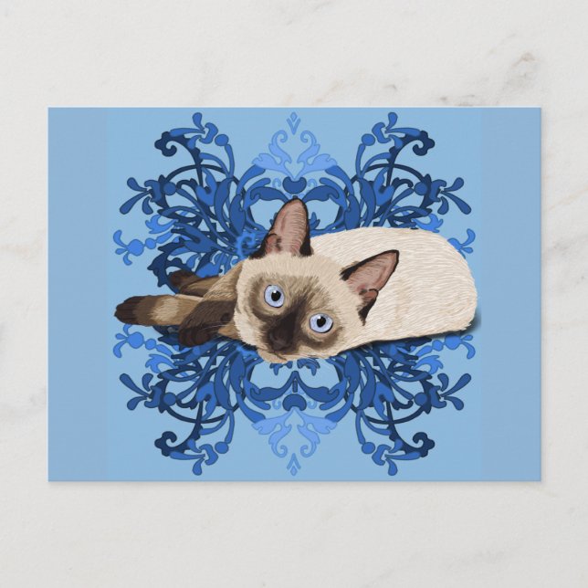Cartão Postal Elegant Blue Floral Siamese Cat Pretty Feline (Frente)