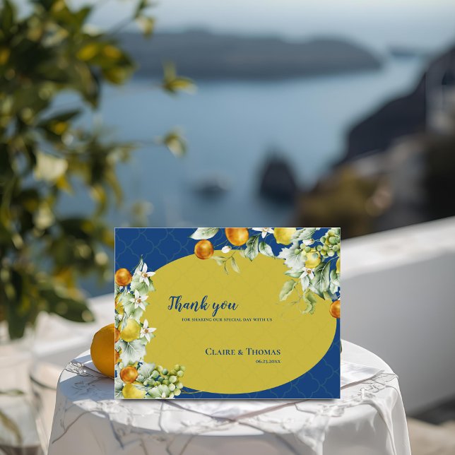 Cartão Postal Elegant Blue Gold Citrus Floral Wedding Thank You (Elegant Blue Gold Citrus Floral Wedding Thank You Postcard)