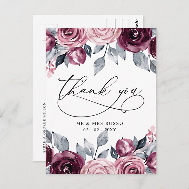 Cartão Postal Elegant Botanical Blush Burgundy Floral Thank You (Frente/Verso)