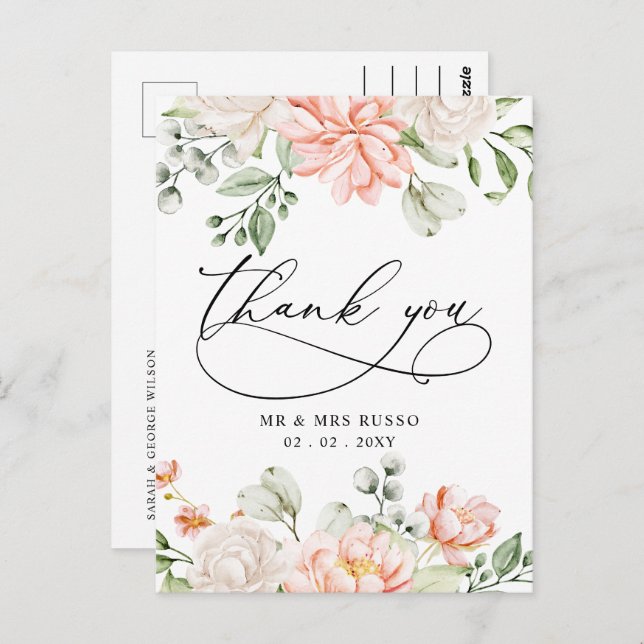 Cartão Postal Elegant Botanical Blush Pink Floral Thank You (Frente/Verso)