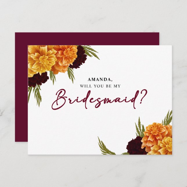 Cartão Postal Elegant Burgundy Red Watercolor MARIGOL Bridesmaid (Frente/Verso)