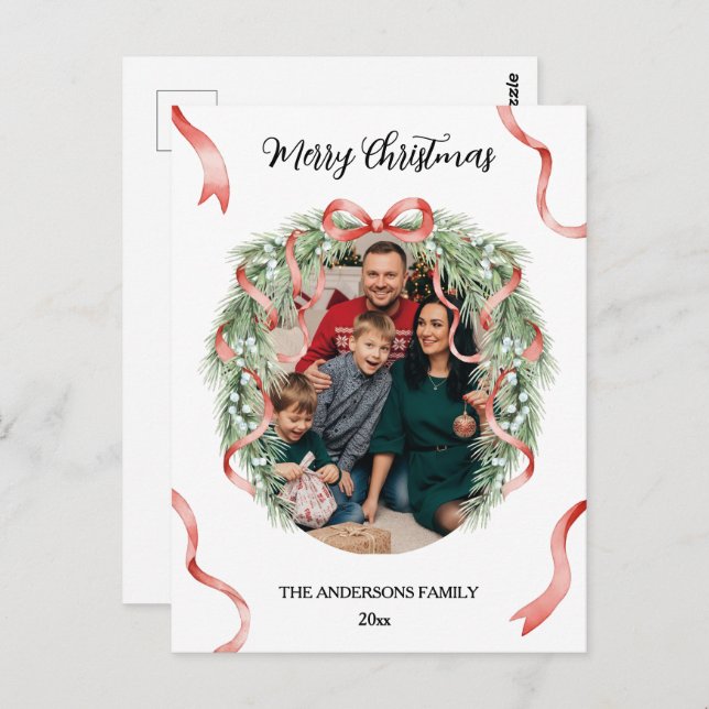 Cartão Postal Elegant Christmas Wreath Bow Custom Family Photo (Frente/Verso)