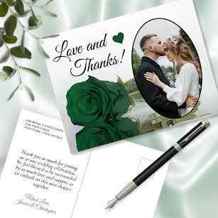 Cartão Postal Elegant Emerald Green Rose Wedding Love & Thanks