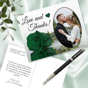Cartão Postal Elegant Emerald Green Rose Wedding Love & Thanks