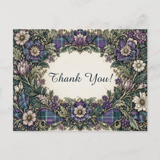 Cartão Postal Elegant Floral Plaid Thank You (Frente)