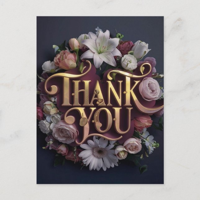 Cartão Postal Elegant Floral “Thank You” Gold Lettering Design (Frente)