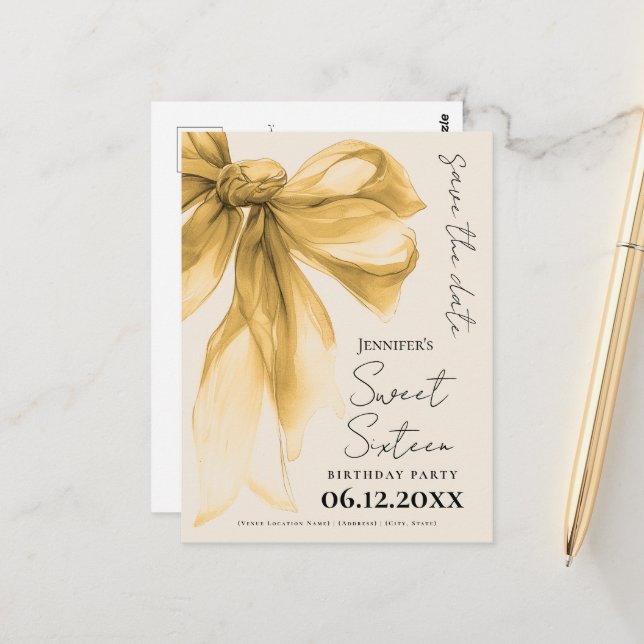 Cartão Postal Elegant Gold Bow Coquette Sweet 16 Save the Date  (Frente/Verso In Situ)