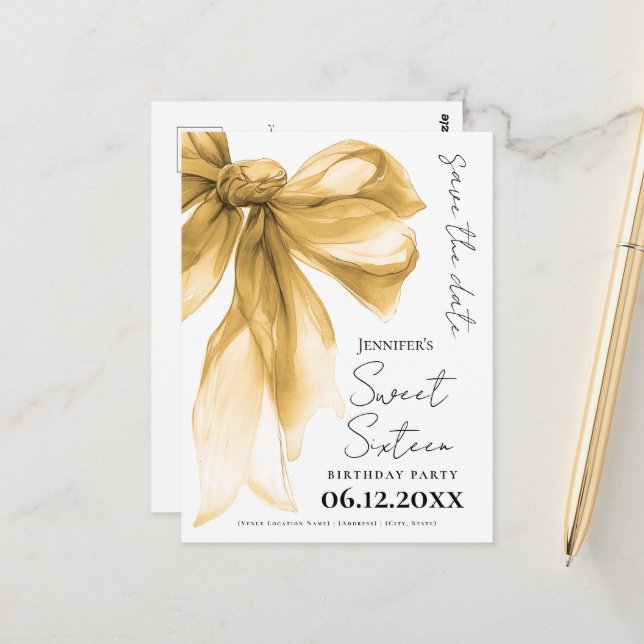 Cartão Postal Elegant Gold Bow Coquette Sweet 16 Save the Date  (Frente/Verso In Situ)