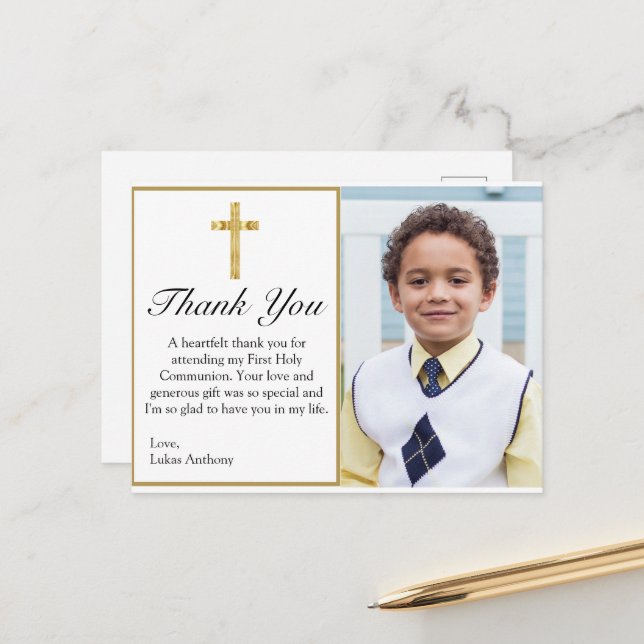 Cartão Postal Elegant Gold Cross Photo 1st Communion Thank You (Frente/Verso In Situ)