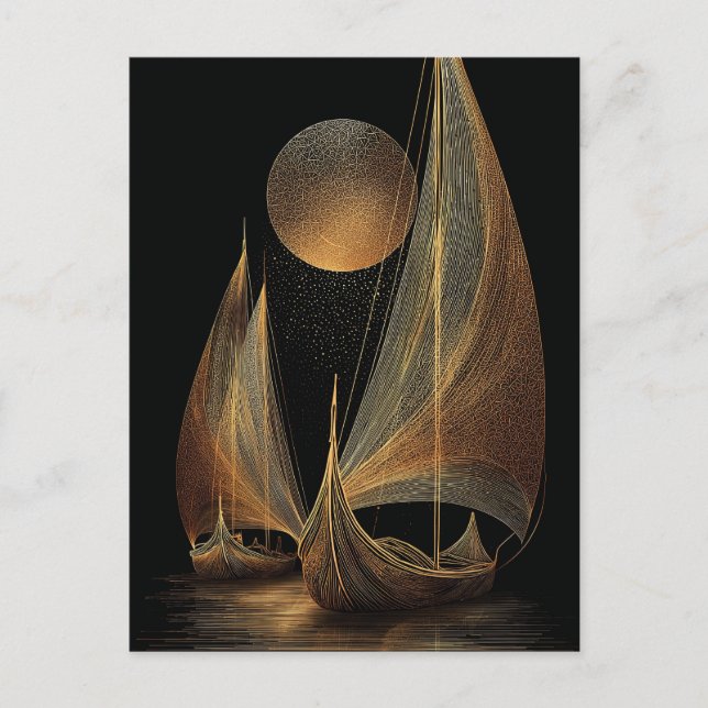 Cartão Postal Elegant Gold Line Art Illustration of Longships (Frente)