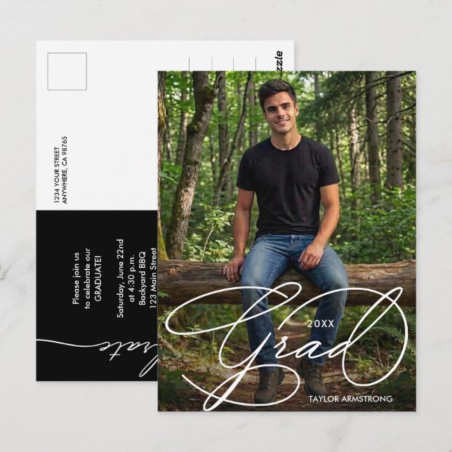 Cartão Postal Elegant Grad Script Photo Graduation (Frente/Verso)