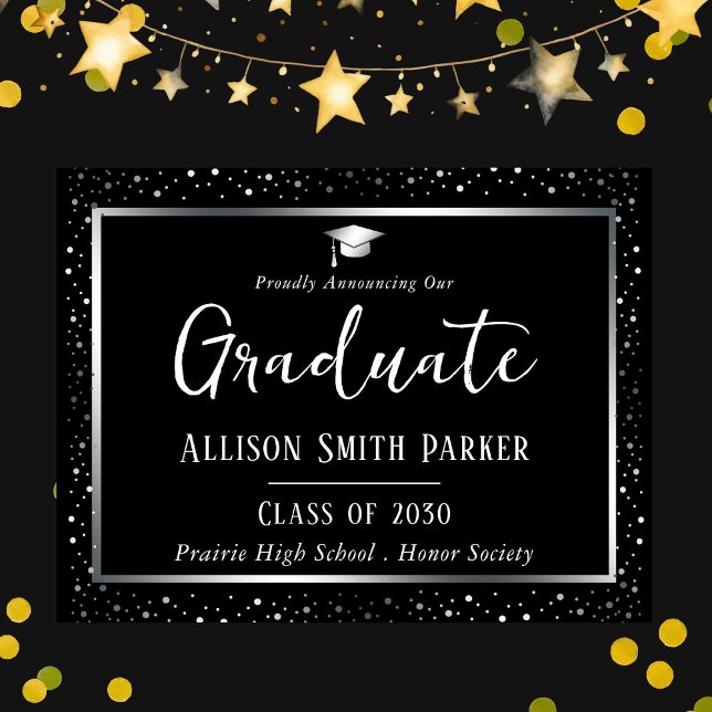 Cartão Postal Elegant Graduation Announcement Black and Silver (Criador carregado)