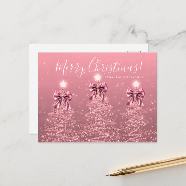 Cartão Postal Elegant Holiday Blush Pink Christmas Trees Bows (Frente/Verso In Situ)
