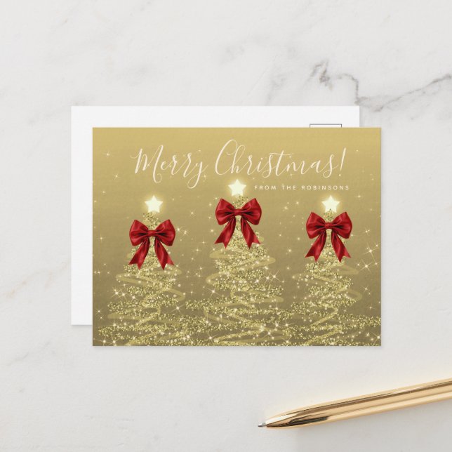 Cartão Postal Elegant Holiday Gold Christmas Trees w/ Red Bows (Frente/Verso In Situ)