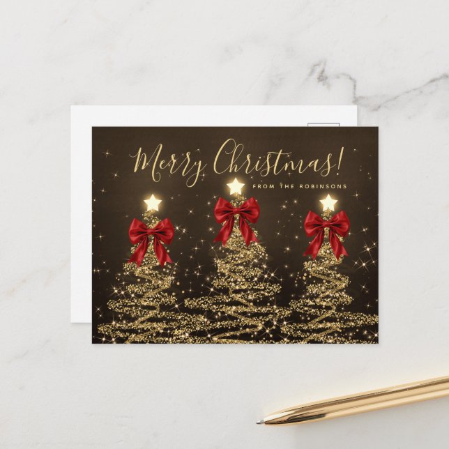 Cartão Postal Elegant Holiday Gold Christmas Trees w/ Red Bows (Frente/Verso In Situ)