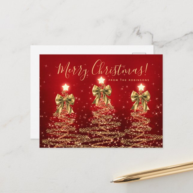 Cartão Postal Elegant Holiday Gold Red Christmas Trees w/ Bows (Frente/Verso In Situ)