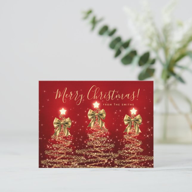 Cartão Postal Elegant Holiday Gold Red Christmas Trees w/ Bows (Em pé/Frente)