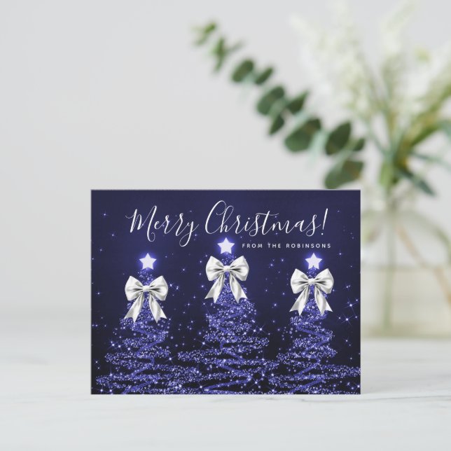 Cartão Postal Elegant Holiday Navy Christmas Trees Silver Bows (Em pé/Frente)