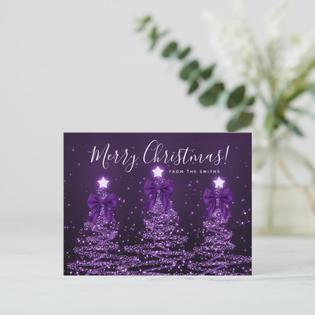 Cartão Postal Elegant Holiday Purple Christmas Trees Bows (Em pé/Frente)
