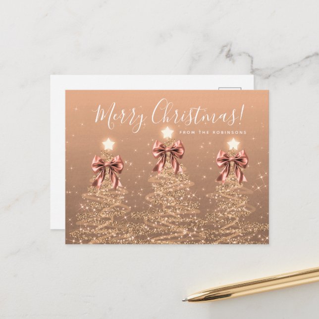 Cartão Postal Elegant Holiday Rose Gold Christmas Trees Bows (Frente/Verso In Situ)