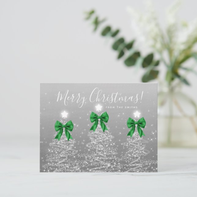Cartão Postal Elegant Holiday Silver Christmas Trees Green Bows (Em pé/Frente)