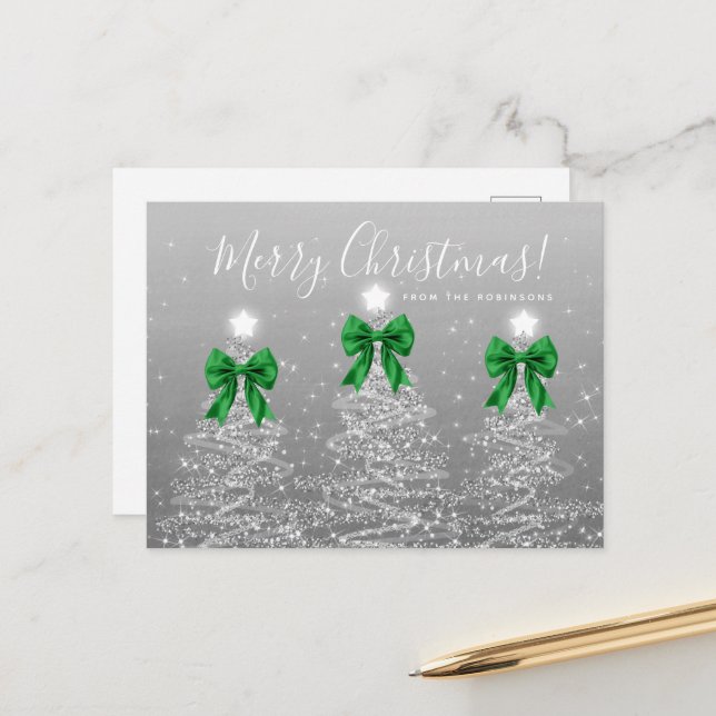 Cartão Postal Elegant Holiday Silver Christmas Trees Green Bows (Frente/Verso In Situ)