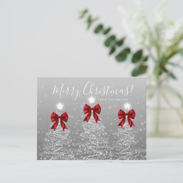Cartão Postal Elegant Holiday Silver Christmas Trees Red Bows (Em pé/Frente)
