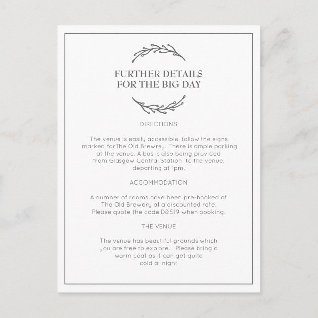 Cartão Postal Elegant Laurel Leaf Wedding Information Postcard (Frente)